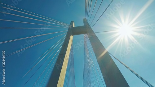 Low angle view of a modern cable-stayed bridge, with support towers reaching towards a bright sun in a clear blue sky. photo