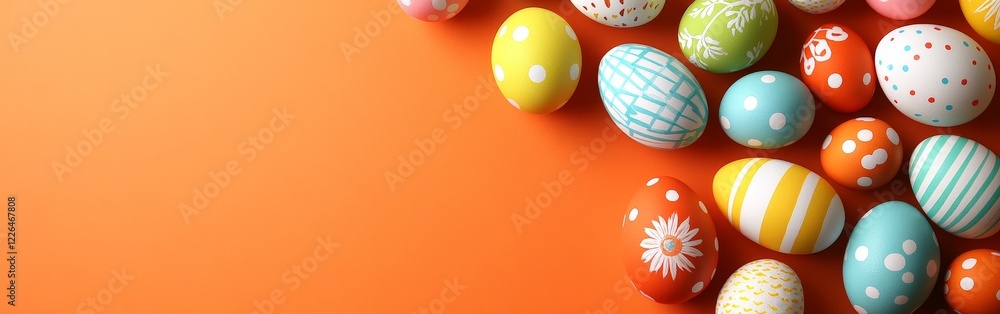 A vibrant arrangement of white and orange Easter eggs in the corner of a bright orange background. Perfect for modern seasonal designs or cheerful holiday marketing. A vibrant arrangement of white and orange Easter eggs in the corner of a bright orange background. Perfect for modern seasonal designs or cheerful holiday marketing.