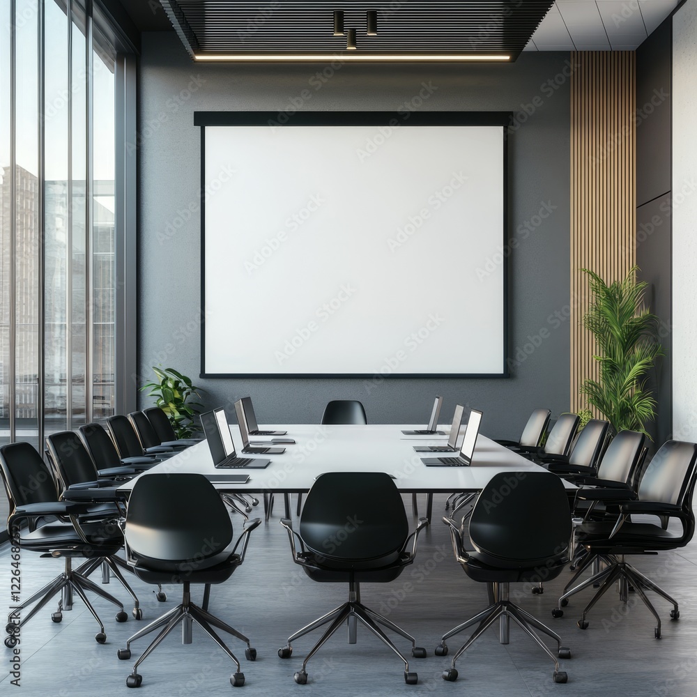 Modern conference room with large projection screen, laptops, and chairs. Modern conference room with large projection screen, laptops, and chairs.