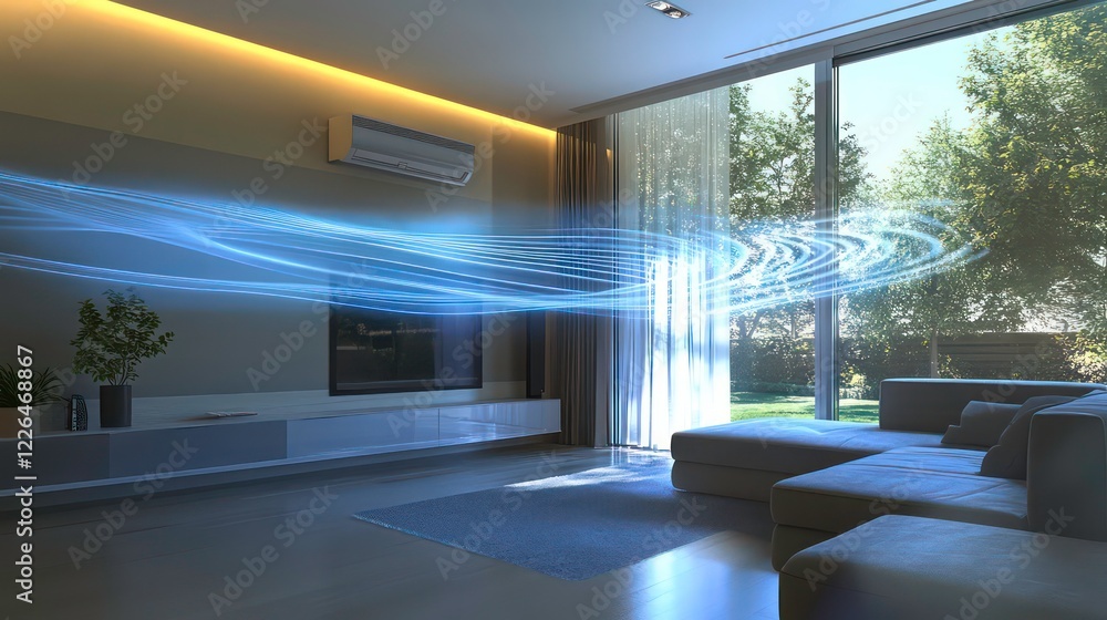 Fototapeta premium Innovative air conditioning system visualized with cool air flow in a modern living room
