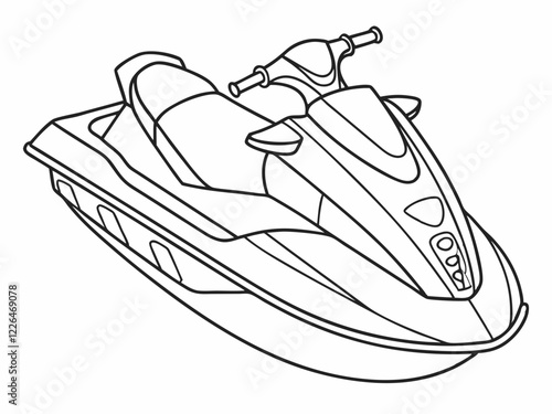 Jet ski outline, detailed technical drawing, sleek watercraft design, monochrome sketch, streamlined hull, personal watercraft illustration, single rider vehicle, 