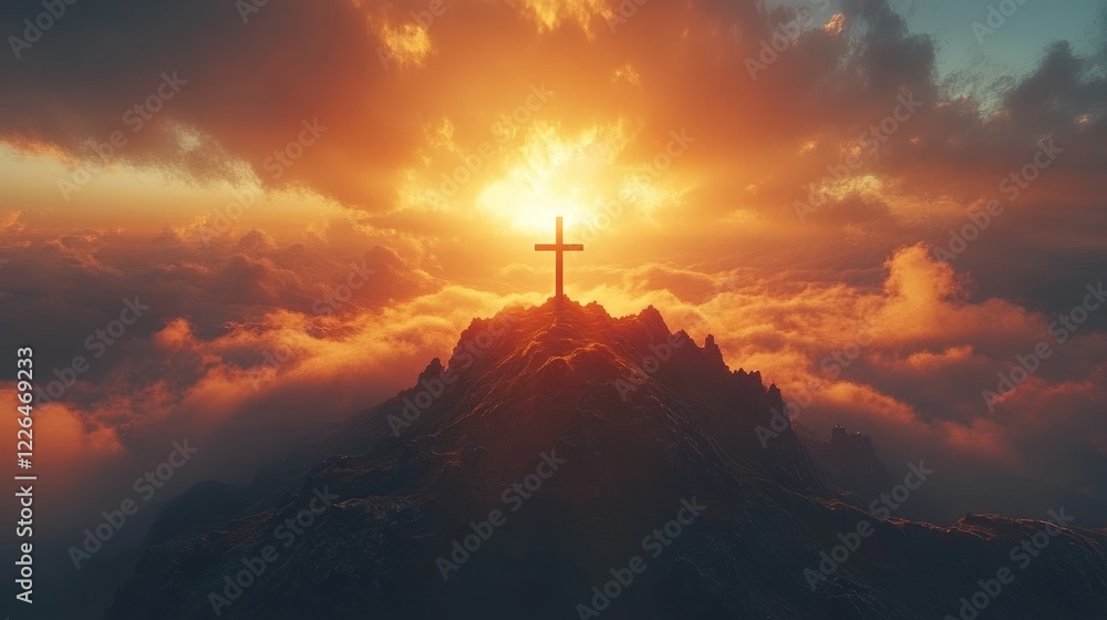 A symbolic cross illuminated by a sunrise, evoking hope and spirituality. Ideal for religious, motivational, and scenic themes. A symbolic cross illuminated by a sunrise, evoking hope and spirituality. Ideal for religious, motivational, and scenic themes.