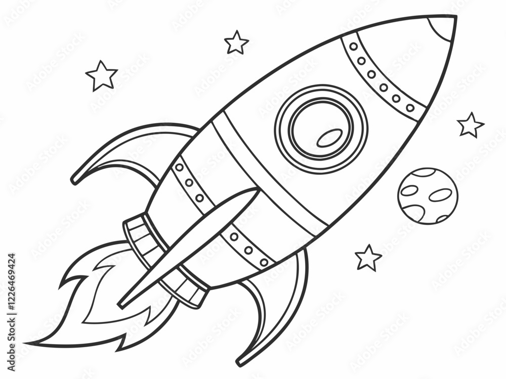 rocket ship, retro space illustration, black and white line drawing, stars and planets, simple sketch style, children's book illustration, vintage sci-fi aesthetic, cute spaceship design, rocket ship, retro space illustration, black and white line drawing, stars and planets, simple sketch style, children's book illustration, vintage sci-fi aesthetic, cute spaceship design,