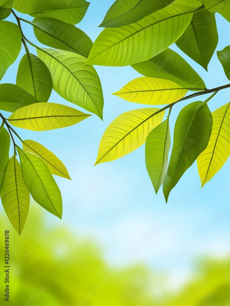 Close up of fresh green leaves against a bright sky - A vibrant depiction of lush green leaves emphasizing growth, nature, and tranquility in a bright, serene environment. Close up of fresh green leaves against a bright sky - A vibrant depiction of lush green leaves emphasizing growth, nature, and tranquility in a bright, serene environment.