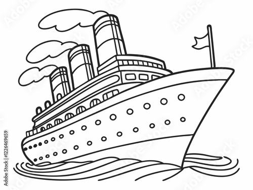 Vintage cruise ship illustration, black and white line drawing, art deco style, streamlined ocean liner, billowing smoke stacks, porthole windows, waving flag, stylized waves, 