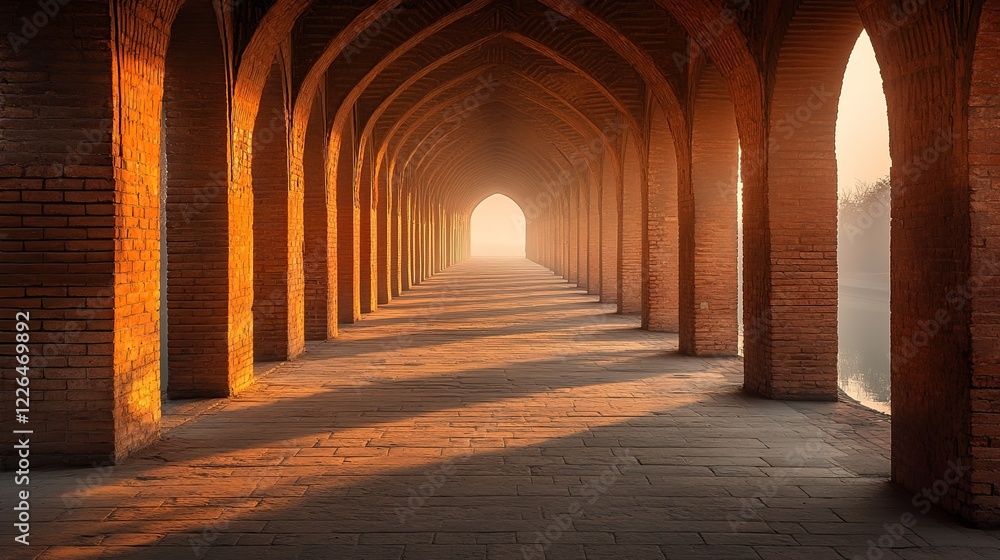 Sunrise arches pathway misty morning tranquil scene Sunrise arches pathway misty morning tranquil scene
