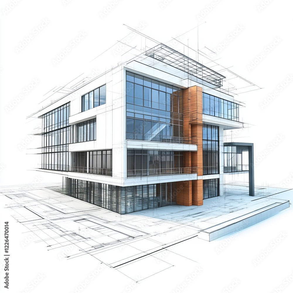 Architectural rendering of a modern building design with glass facade and orange accent. Architectural rendering of a modern building design with glass facade and orange accent.