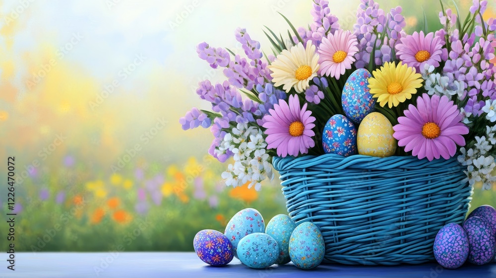 Colorful Easter Basket with Flowers and Eggs - A vibrant Easter basket filled with flowers and decorated eggs, set against a soft floral background. Perfect for springtime celebrations. Colorful Easter Basket with Flowers and Eggs - A vibrant Easter basket filled with flowers and decorated eggs, set against a soft floral background. Perfect for springtime celebrations.