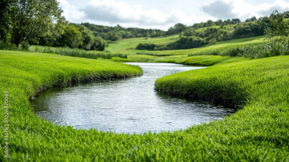 Serpentine stream meanders through lush green valley. Ideal for nature, travel brochures Serpentine stream meanders through lush green valley. Ideal for nature, travel brochures