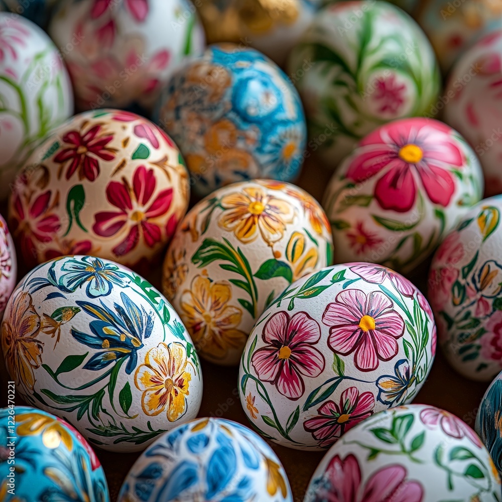 Close-up of hand-painted Easter eggs with intricate floral designs. Perfect for holiday promotions, DIY projects, or artistic craft content. Close-up of hand-painted Easter eggs with intricate floral designs. Perfect for holiday promotions, DIY projects, or artistic craft content.
