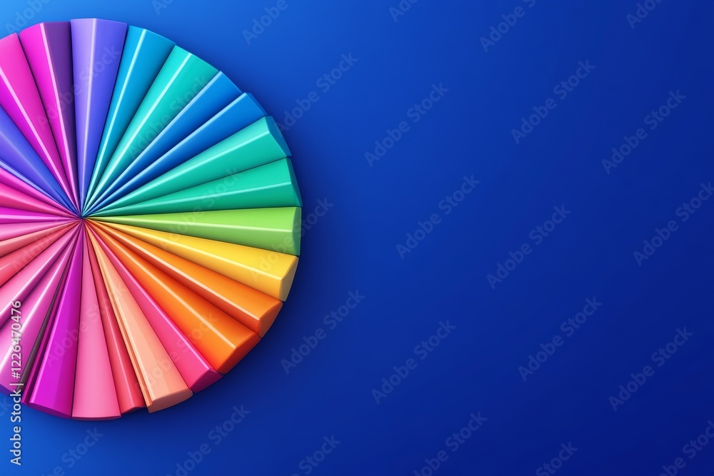 Obraz premium Colorful Paper Fan Arrangement on Blue Background - A vibrant display of folded paper in a fan shape against a blue background showcasing a spectrum of colors.