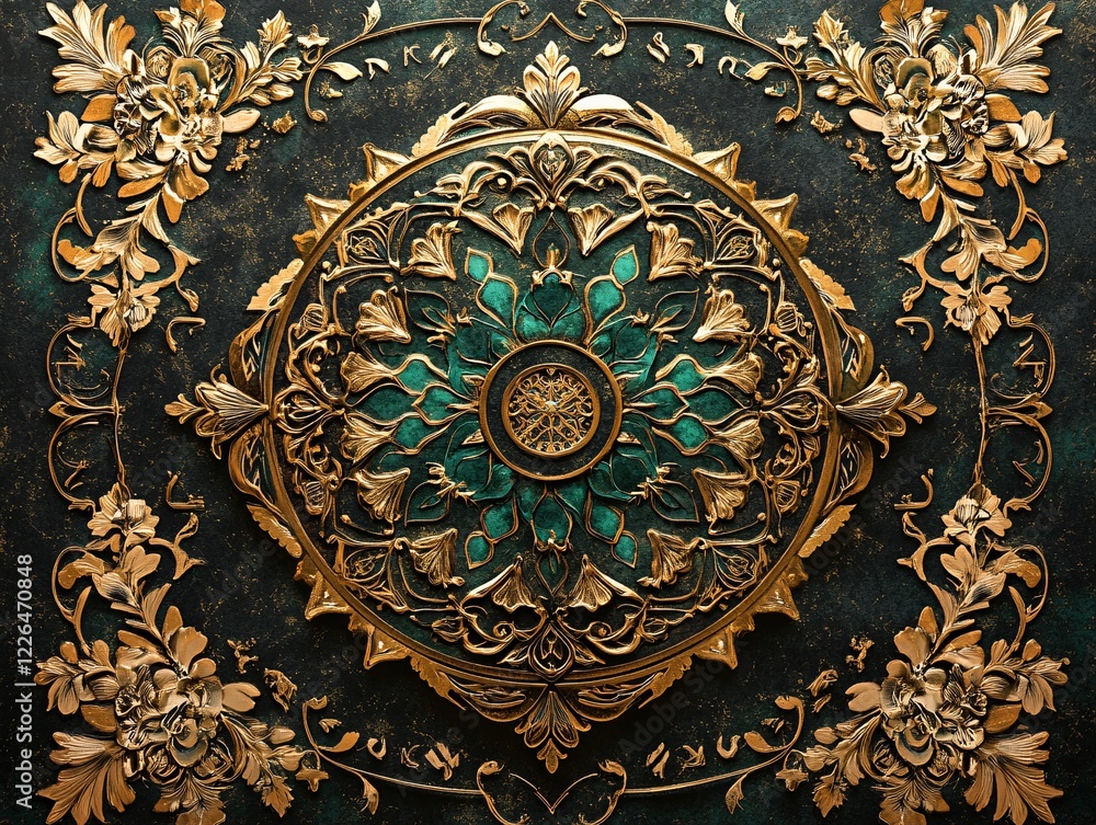 Ornate Gold Mandala Design on Dark Green Background Ornate Gold Mandala Design on Dark Green Background