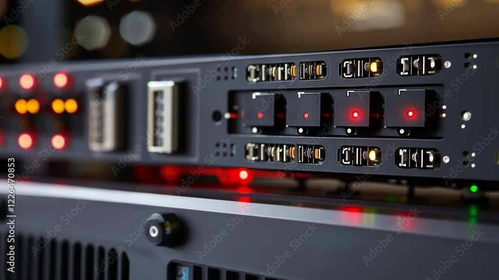Network server equipment transmitting data, featuring red and yellow led lights blinking rhythmically in a data center, surrounded by a soft bokeh effect in the background Network server equipment transmitting data, featuring red and yellow led lights blinking rhythmically in a data center, surrounded by a soft bokeh effect in the background