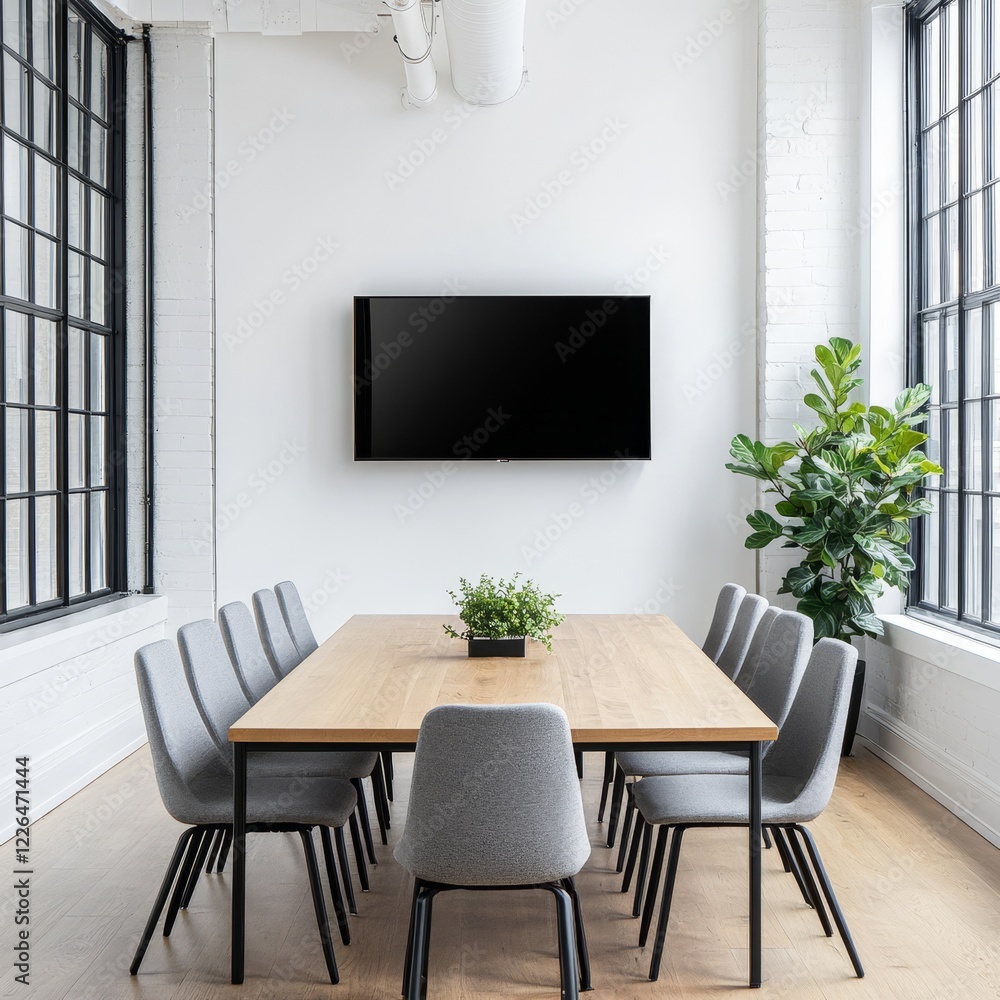 Modern minimalist conference room with large screen TV, wooden table, gray chairs, and plants. Modern minimalist conference room with large screen TV, wooden table, gray chairs, and plants.