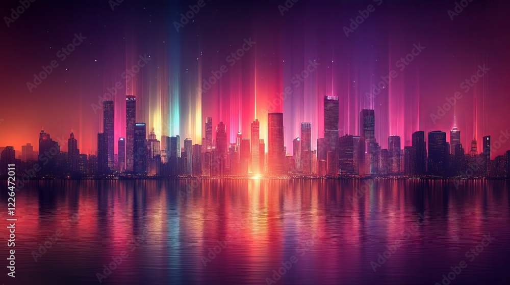 Fototapeta premium Vibrant City Skyline at Night with Dazzling Colorful Lights Reflecting on Calm Water Creating a Stunning Urban Scene Filled with Energy and Life in a Modern Metropolitan Environment