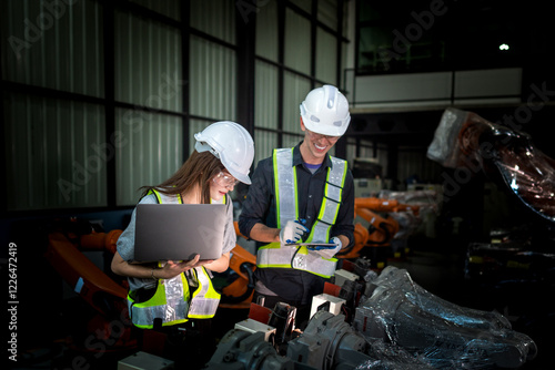 Sales manager and factory owner in suits negotiating selling robots used in the factory. Business engineers meeting and checking new machine robot. Workers walking at warehouse welding machine. photo