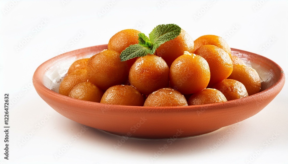 The image shows a wooden plate with five Gulab Jamuns, a popular Indian sweet, topped with almonds and garnished with green leaves. The image shows a wooden plate with five Gulab Jamuns, a popular Indian sweet, topped with almonds and garnished with green leaves.