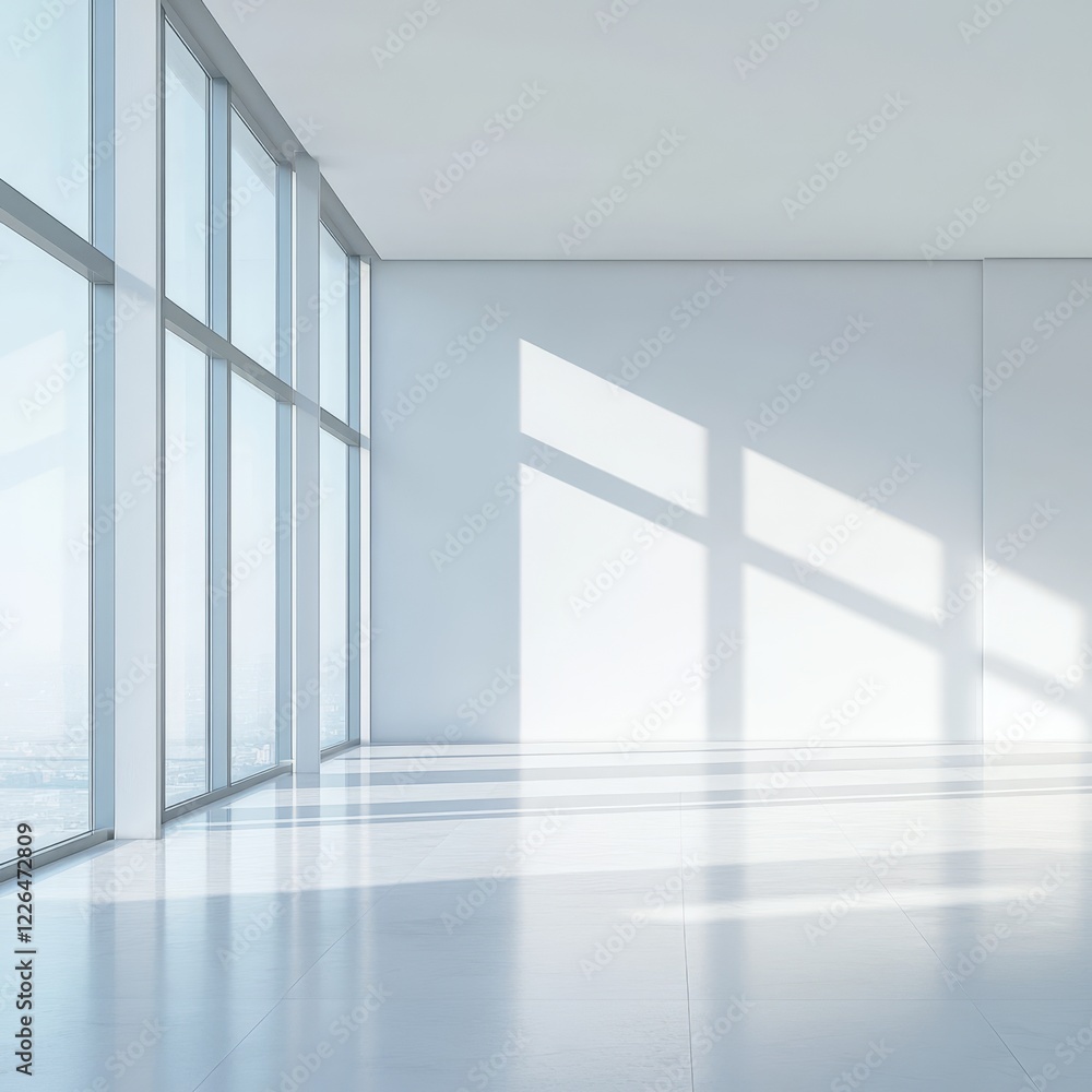 Sunlight streams into a minimalist, empty white room with large windows and polished floor. Sunlight streams into a minimalist, empty white room with large windows and polished floor.