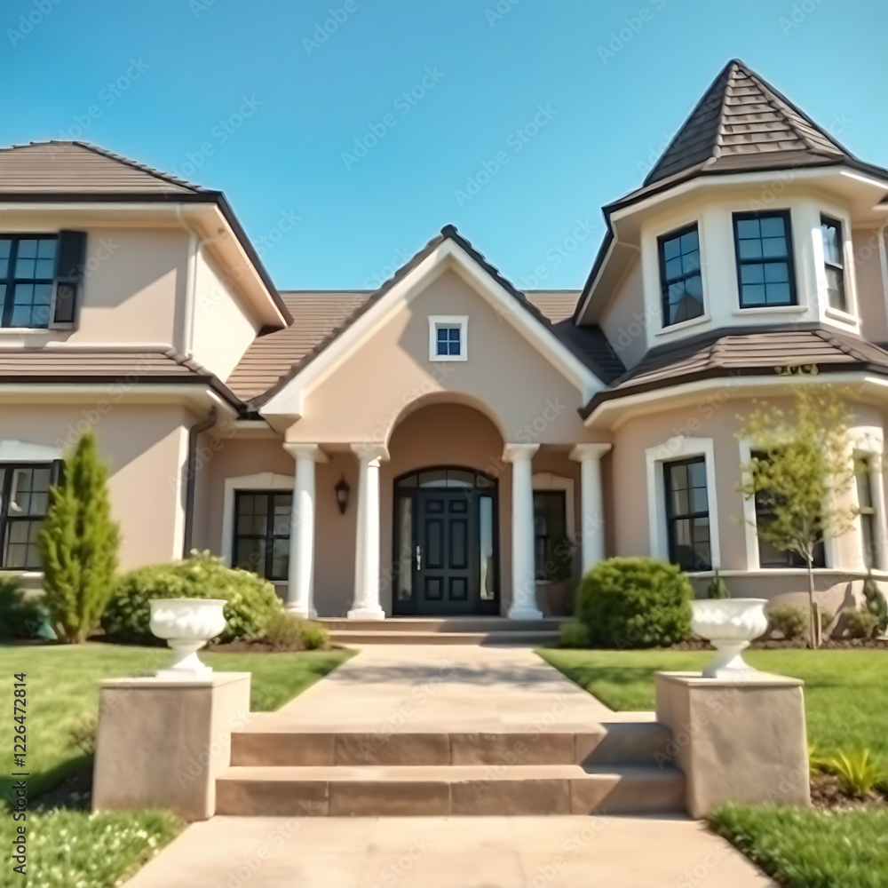 Luxury House Exterior: Modern Home Design with Columns and Landscaping Luxury House Exterior: Modern Home Design with Columns and Landscaping