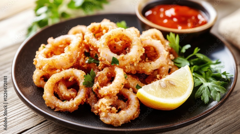 A crispy and golden fried calamari with a side of marinara sauce and a lemon wedge, served on a dark ceramic plate, Calamari centered A crispy and golden fried calamari with a side of marinara sauce and a lemon wedge, served on a dark ceramic plate, Calamari centered