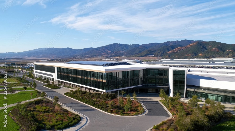 Obraz premium clean energy solar management, concept Modern building with landscaped surroundings and mountains in the background under a clear blue sky.