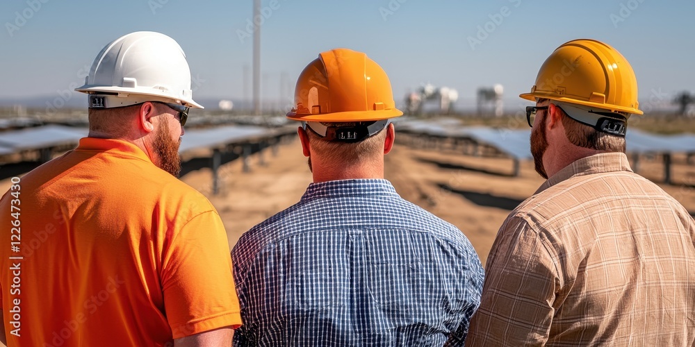 clean energy solar management, concept Three construction workers observing a solar panel installation site under a clear blue sky. clean energy solar management, concept Three construction workers observing a solar panel installation site under a clear blue sky.