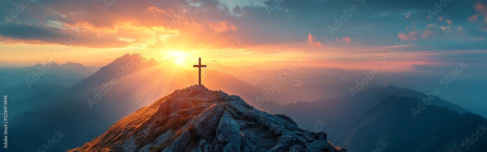A symbolic cross illuminated by a sunrise, evoking hope and spirituality. Ideal for religious, motivational, and scenic themes. A symbolic cross illuminated by a sunrise, evoking hope and spirituality. Ideal for religious, motivational, and scenic themes.