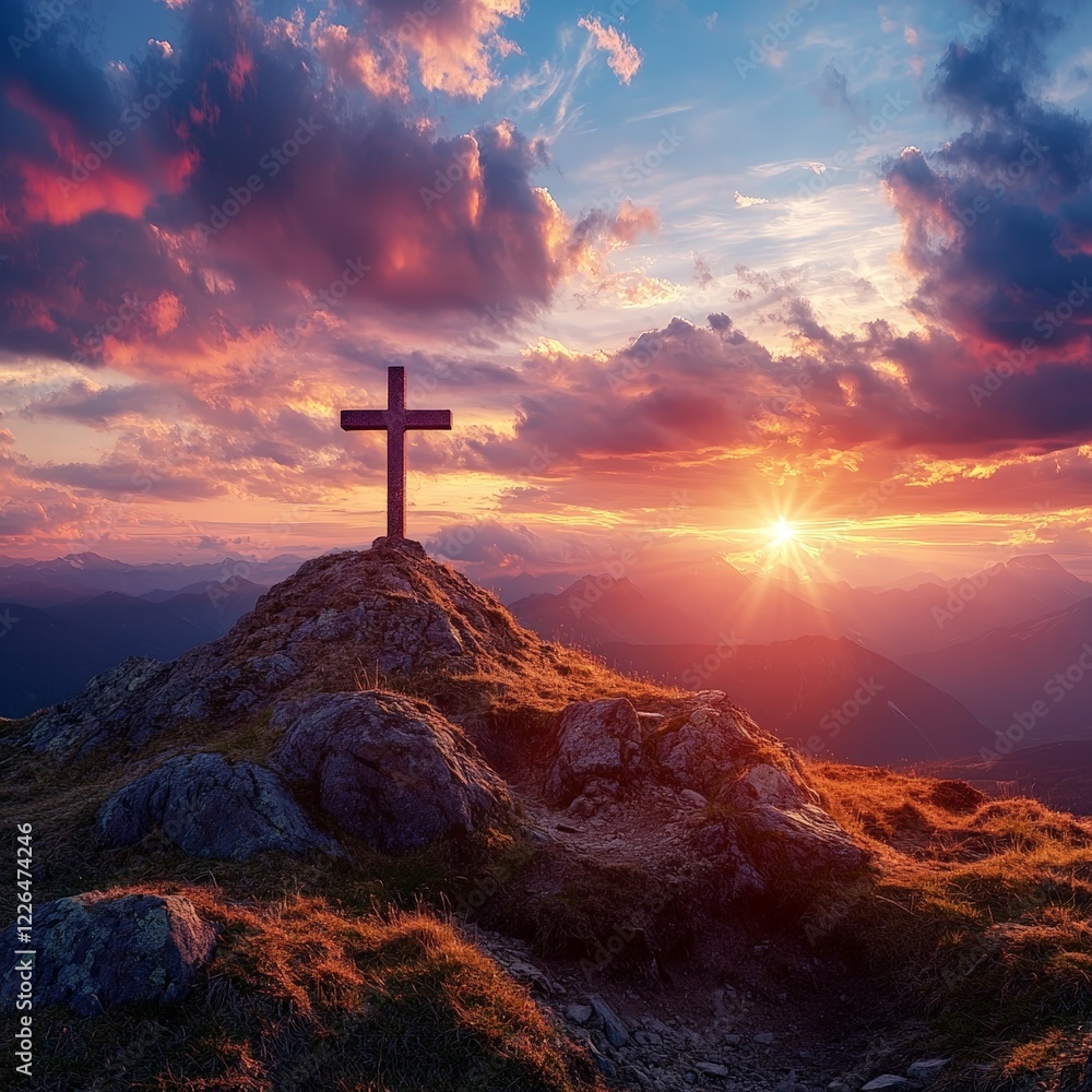 A symbolic cross illuminated by a sunrise, evoking hope and spirituality. Ideal for religious, motivational, and scenic themes. A symbolic cross illuminated by a sunrise, evoking hope and spirituality. Ideal for religious, motivational, and scenic themes.