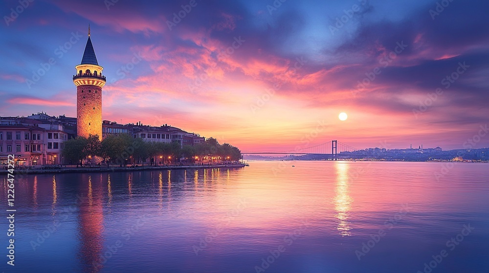 Sunset Galata Tower Istanbul, bridge, city reflection Sunset Galata Tower Istanbul, bridge, city reflection