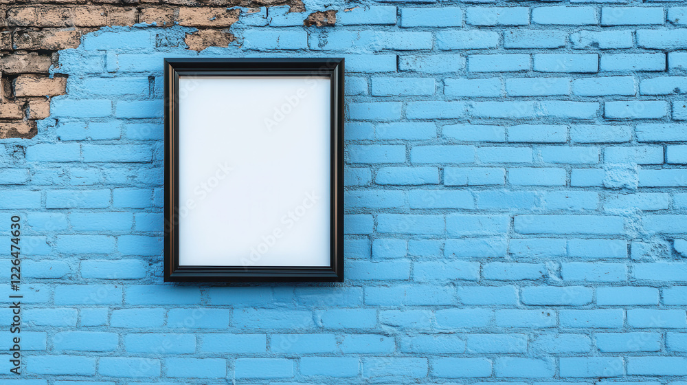 Modern Matte Black Photo Frame Against Light Blue Brick Wall Modern Matte Black Photo Frame Against Light Blue Brick Wall