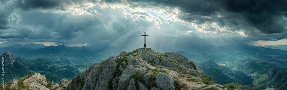 A symbolic cross illuminated by a sunrise, evoking hope and spirituality. Ideal for religious, motivational, and scenic themes. A symbolic cross illuminated by a sunrise, evoking hope and spirituality. Ideal for religious, motivational, and scenic themes.