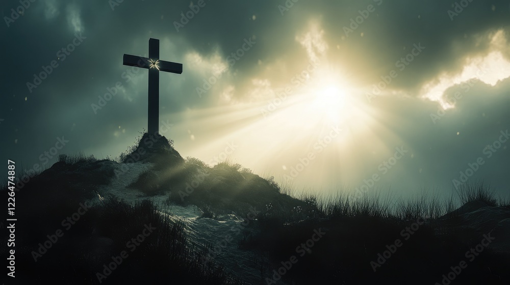 Obraz premium A cross silhouetted against a dramatic stormy sky, with beams of sunlight breaking through the clouds.