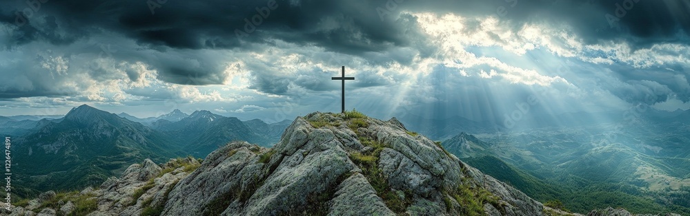 A symbolic cross illuminated by a sunrise, evoking hope and spirituality. Ideal for religious, motivational, and scenic themes. A symbolic cross illuminated by a sunrise, evoking hope and spirituality. Ideal for religious, motivational, and scenic themes.