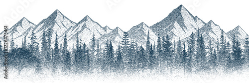 Vector sketch, mountains and forest, imitation of a pencil drawing