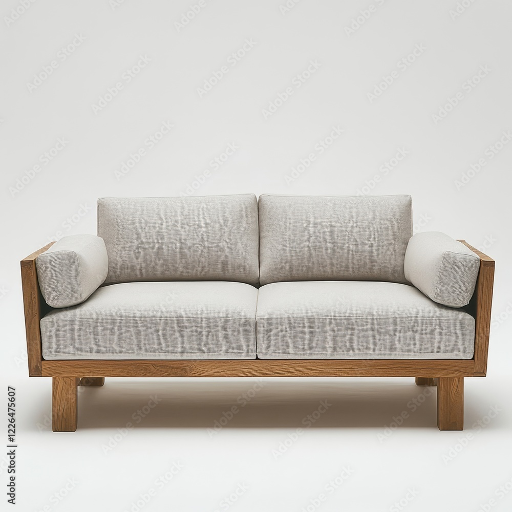 Modern minimalist two-seater sofa with light beige fabric upholstery and light oak wood frame. Modern minimalist two-seater sofa with light beige fabric upholstery and light oak wood frame.