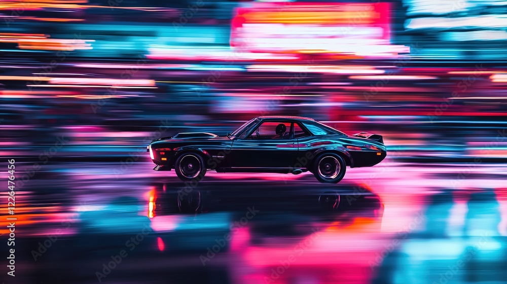Fototapeta premium Night Drive: Classic Car, Neon City
