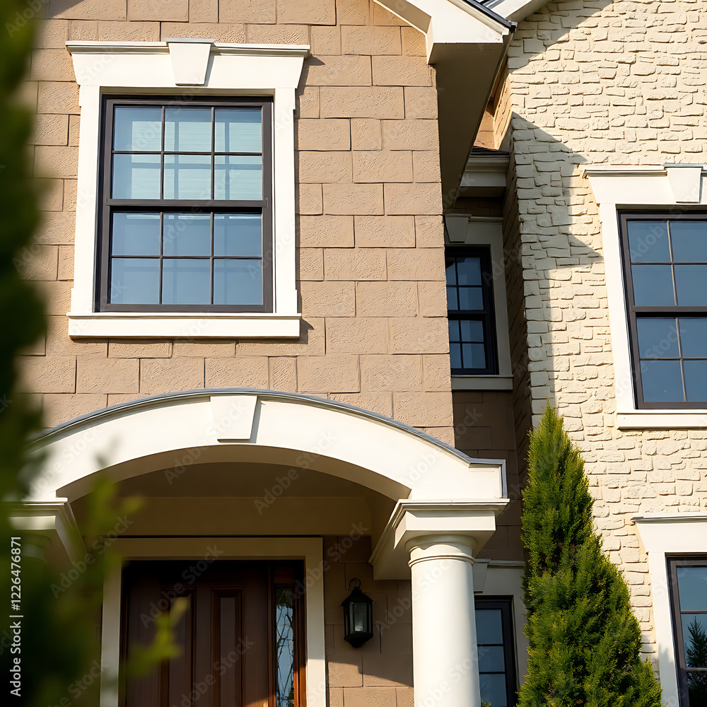 Obraz premium Elegant Home Exterior: Brick and Stone Facade, Classic Design, and Modern Architecture