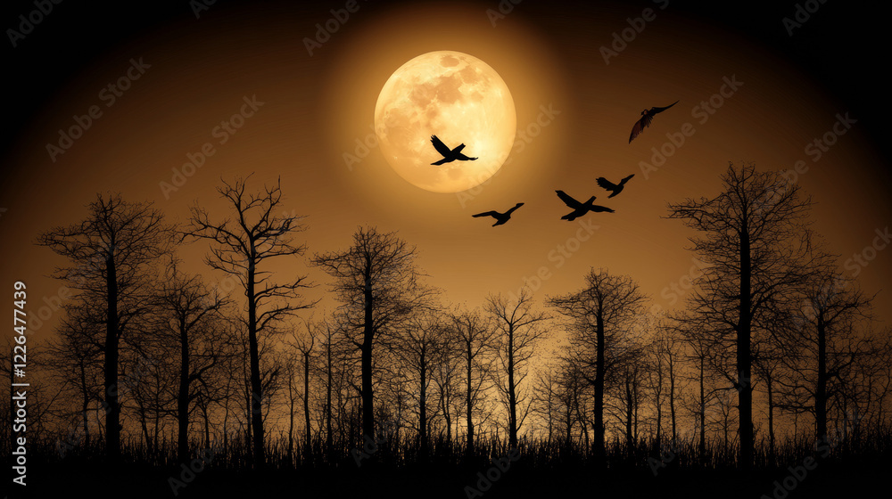 Silhouetted trees and birds against full moon in night sky Silhouetted trees and birds against full moon in night sky
