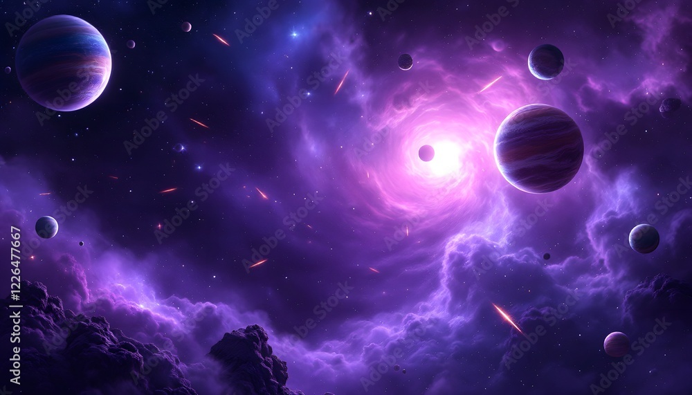 Purple Nebula Space Scene with Planets and Stars Purple Nebula Space Scene with Planets and Stars