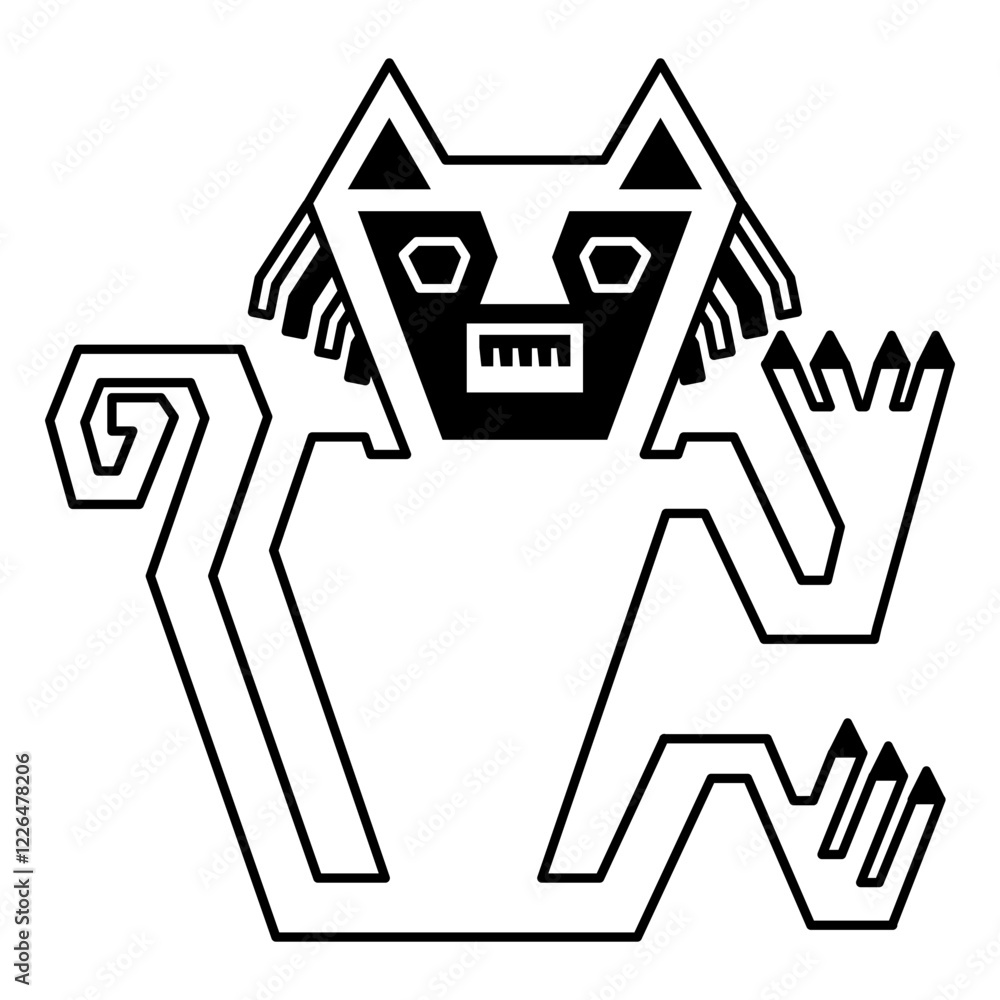 Stylized cat. Native American animal design from ancient Peru. Nazca culture. Black and white silhouette.