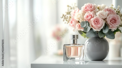 Fototapeta Naklejka Na Ścianę i Meble -  Perfume bottle beside rose bouquet, bright room