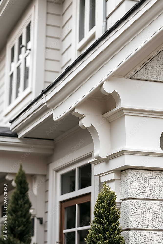Elegant Home Exterior: White Facade, Classic Design, and Modern Architecture. Real Estate Photography Elegant Home Exterior: White Facade, Classic Design, and Modern Architecture. Real Estate Photography