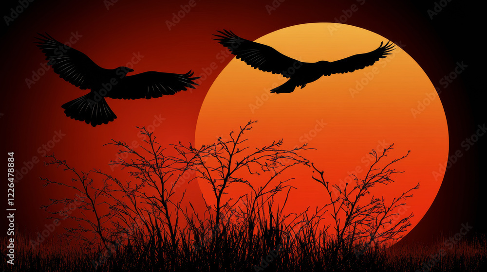 Fototapeta premium Silhouetted birds flying against vibrant sunset background