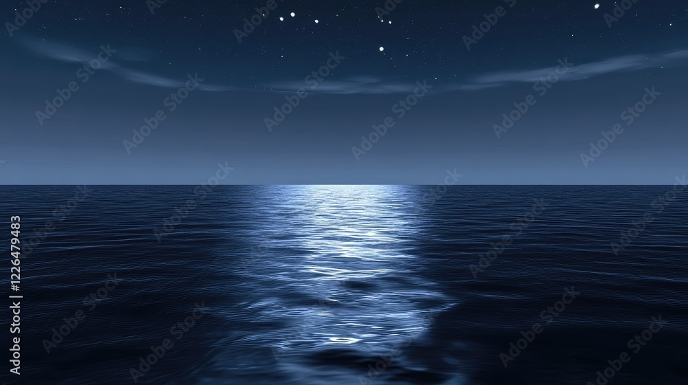 Fototapeta premium A starry night scene over calm waters, with a perfect reflection of the stars in the water below.