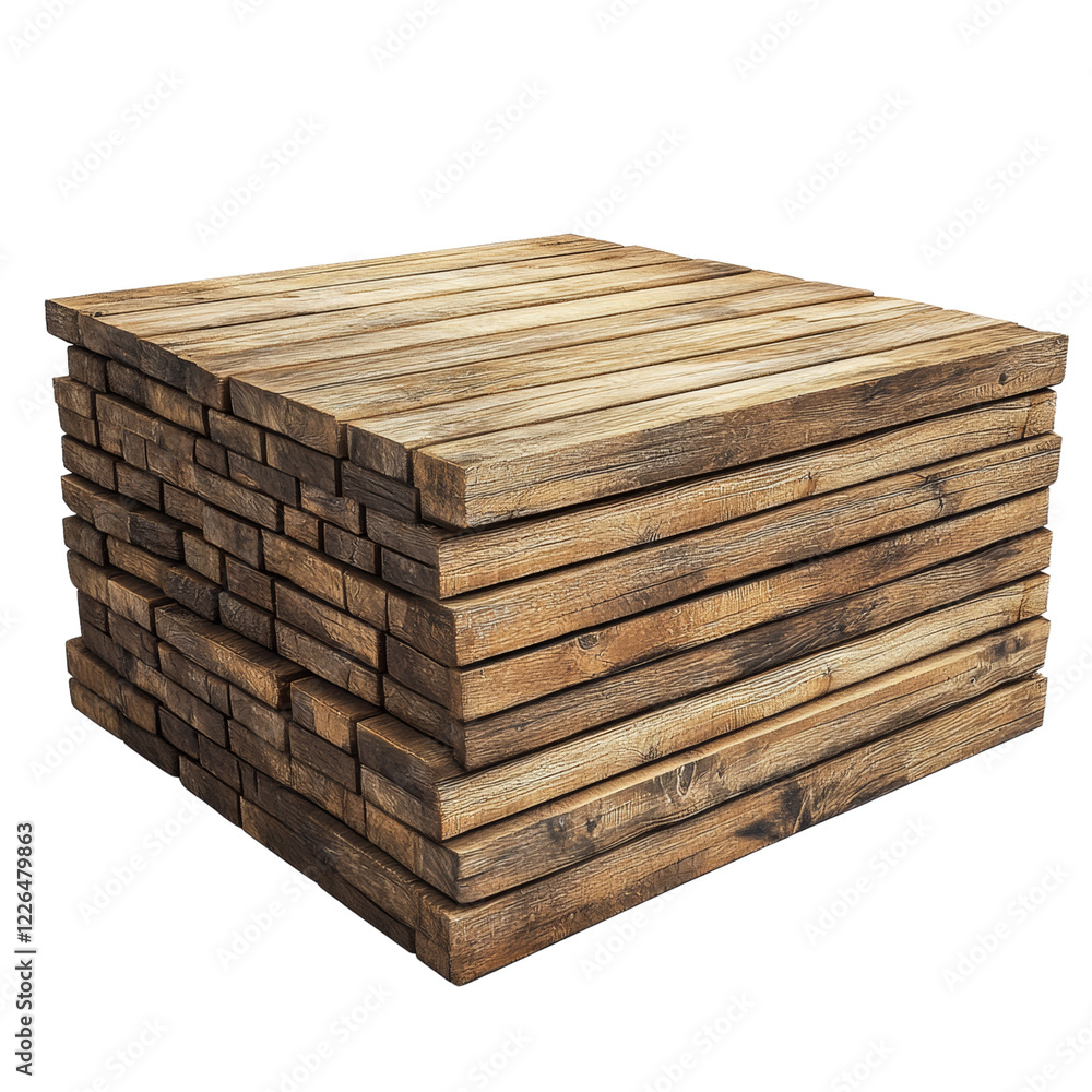 A cubic structure is formed by a precisely stacked arrangement of numerous brown wooden planks. A cubic structure is formed by a precisely stacked arrangement of numerous brown wooden planks.
