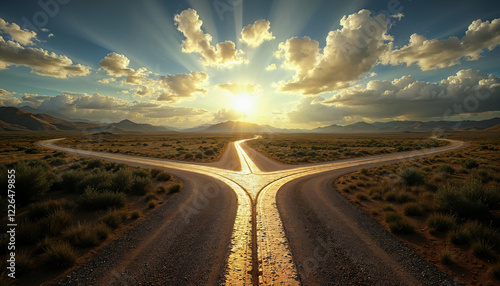 Scene with a road splitting into 3 possible ways, representing the choice of different paths in life, nature background with amazing cloudscape
