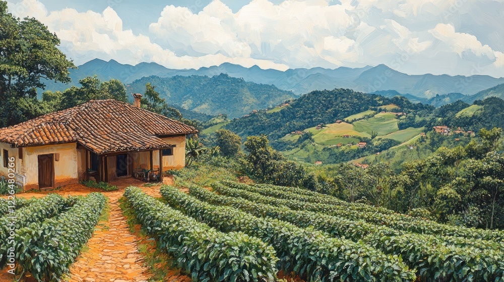 Naklejka premium Hillside Farm House, Tea Plantation, Mountain View, Rural Scene