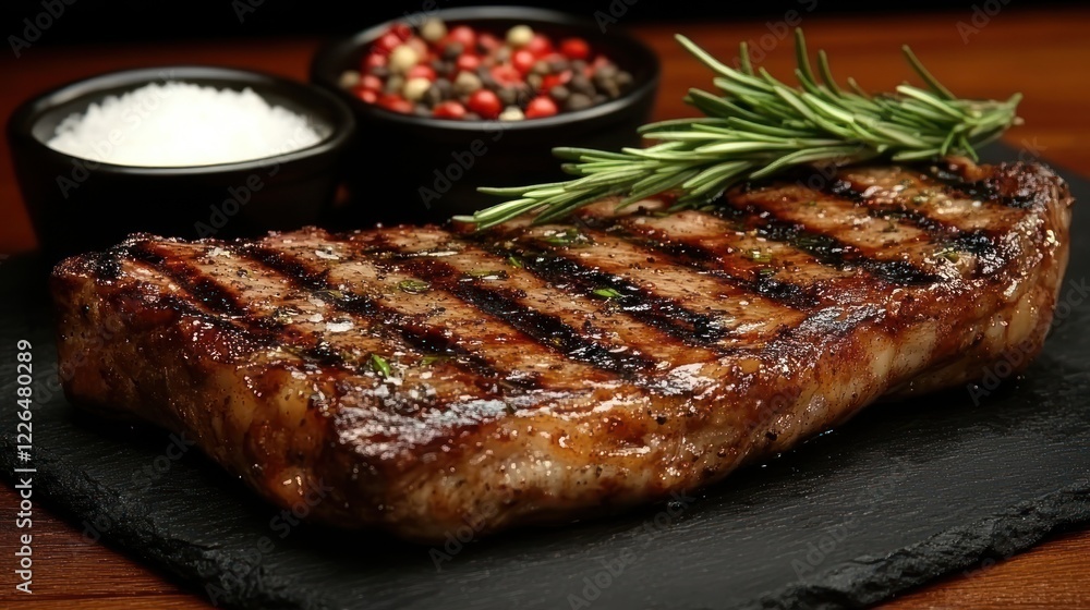 Grilled steak, rosemary, spices, wood, food photography Grilled steak, rosemary, spices, wood, food photography