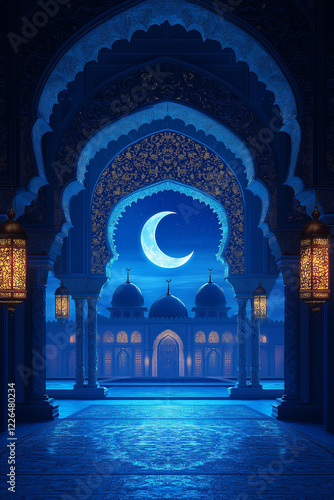 NIGHT of FAITH. An ornate arch frames a moonlit mosque, its glowing crescent a beacon of faith against the tranquil night sky, illuminated by warm lanterns.