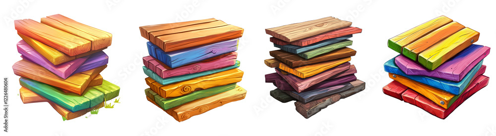 Four digitally rendered stacks of brightly colored wooden planks, suitable for game assets or design elements. Four digitally rendered stacks of brightly colored wooden planks, suitable for game assets or design elements.